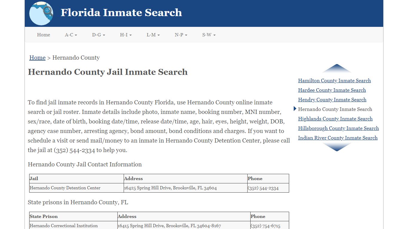 Hernando County FL Jail Inmate Search